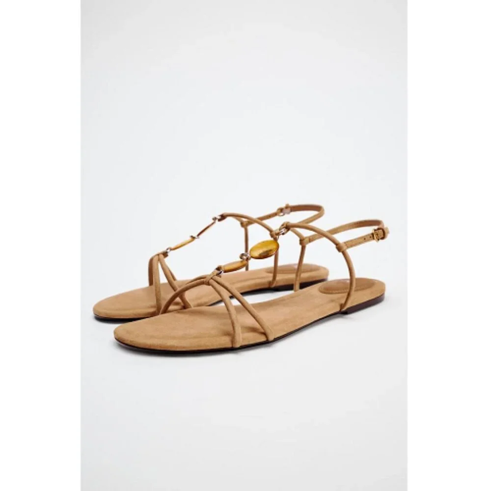 Zara Leather Sandals Embellished Front Beads Round toe Ankle buckle strap Sz 10 - Picture 4 of 12